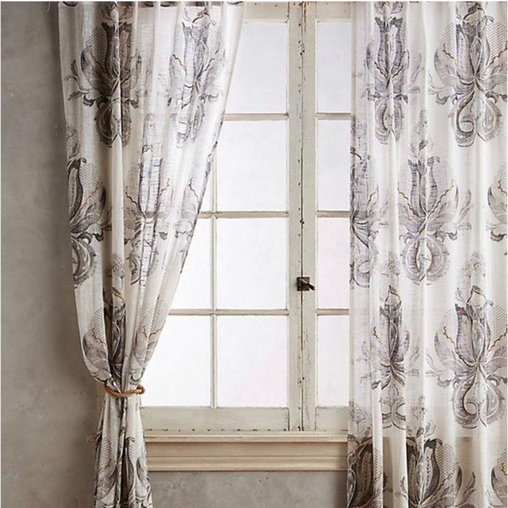 Anthropologie Elegant Floral Curtains - Cream and Gray